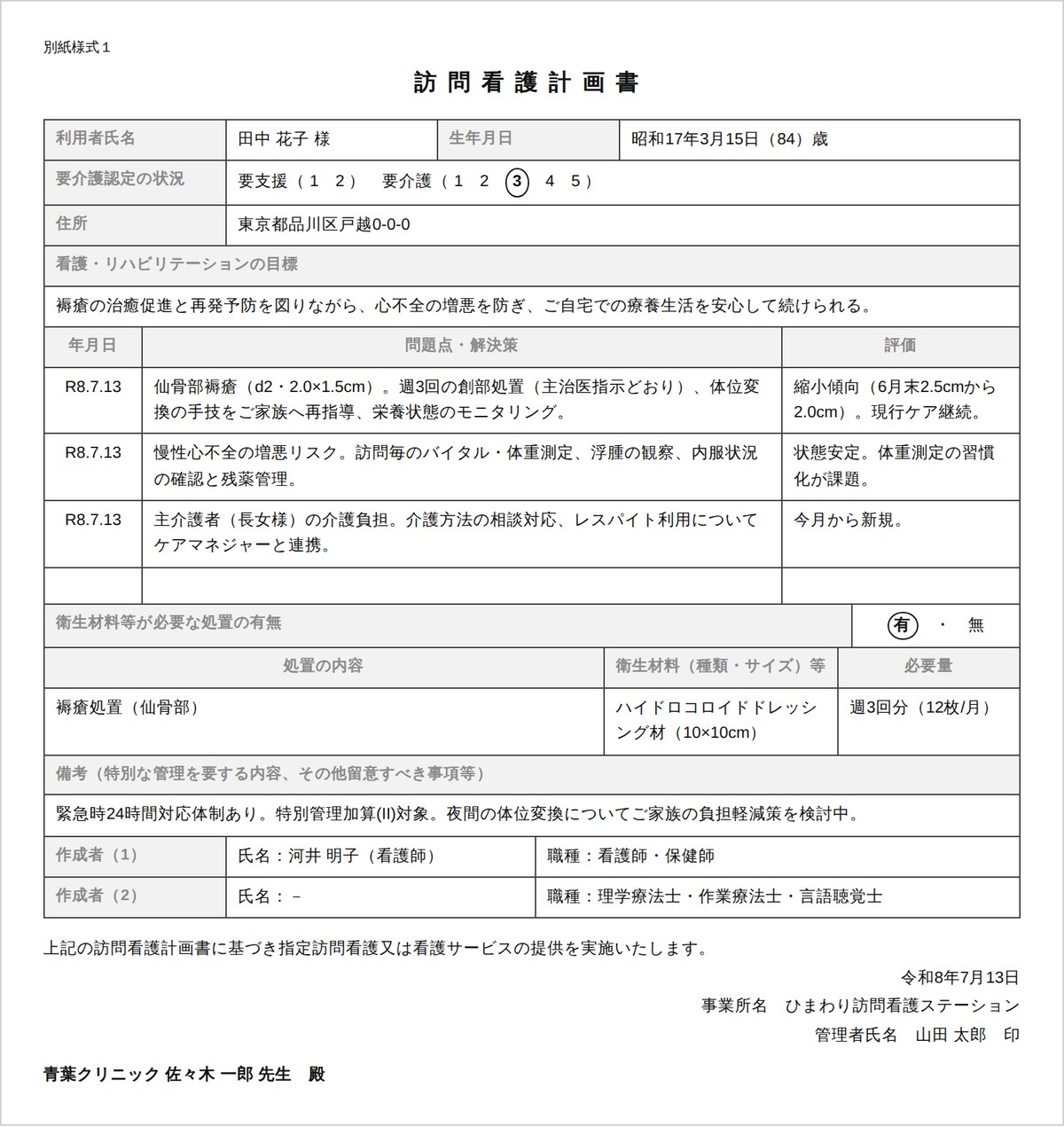 訪問看護計画書 出力例